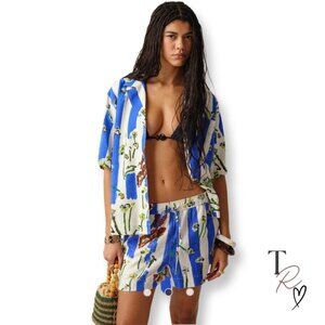 Topshop NWT Floral Stripe Linen-Blend Button-Down Resort Shirt Small or US 4-6